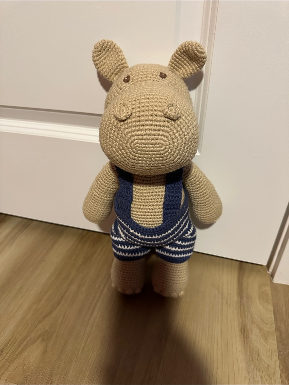 Handmade Crochet Hippo Plush in Beige and Navy